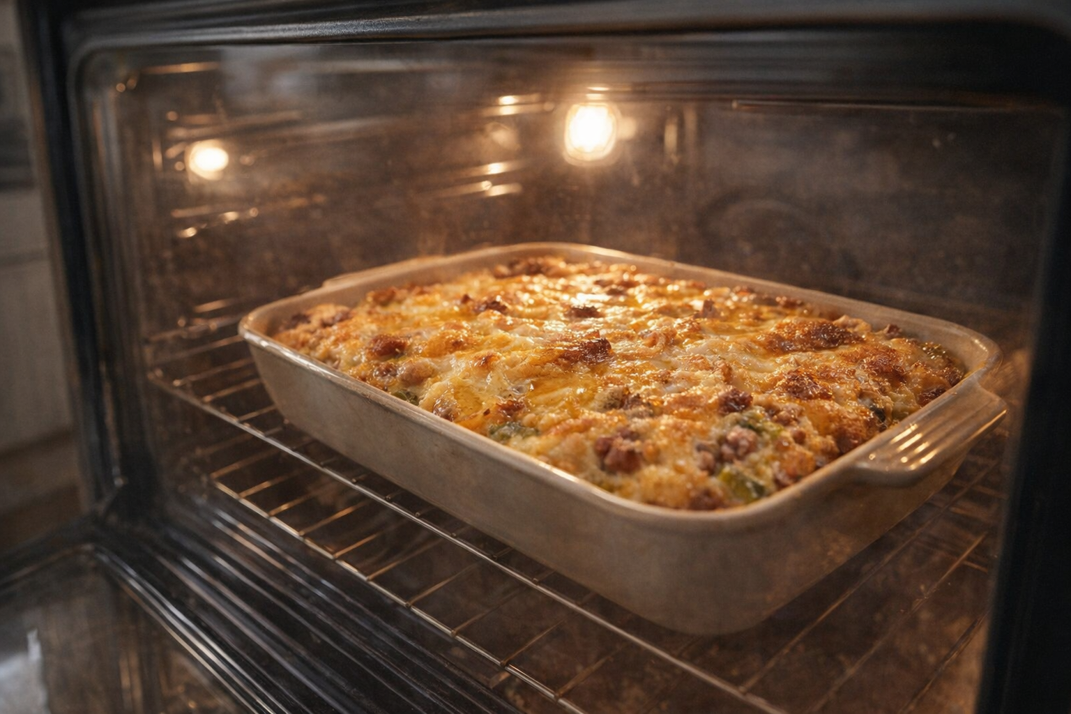 A breakfast casserole baking in the oven, visible through the glass door, with a golden brown top and bubbling cheese. Oven light illuminating the casserole.